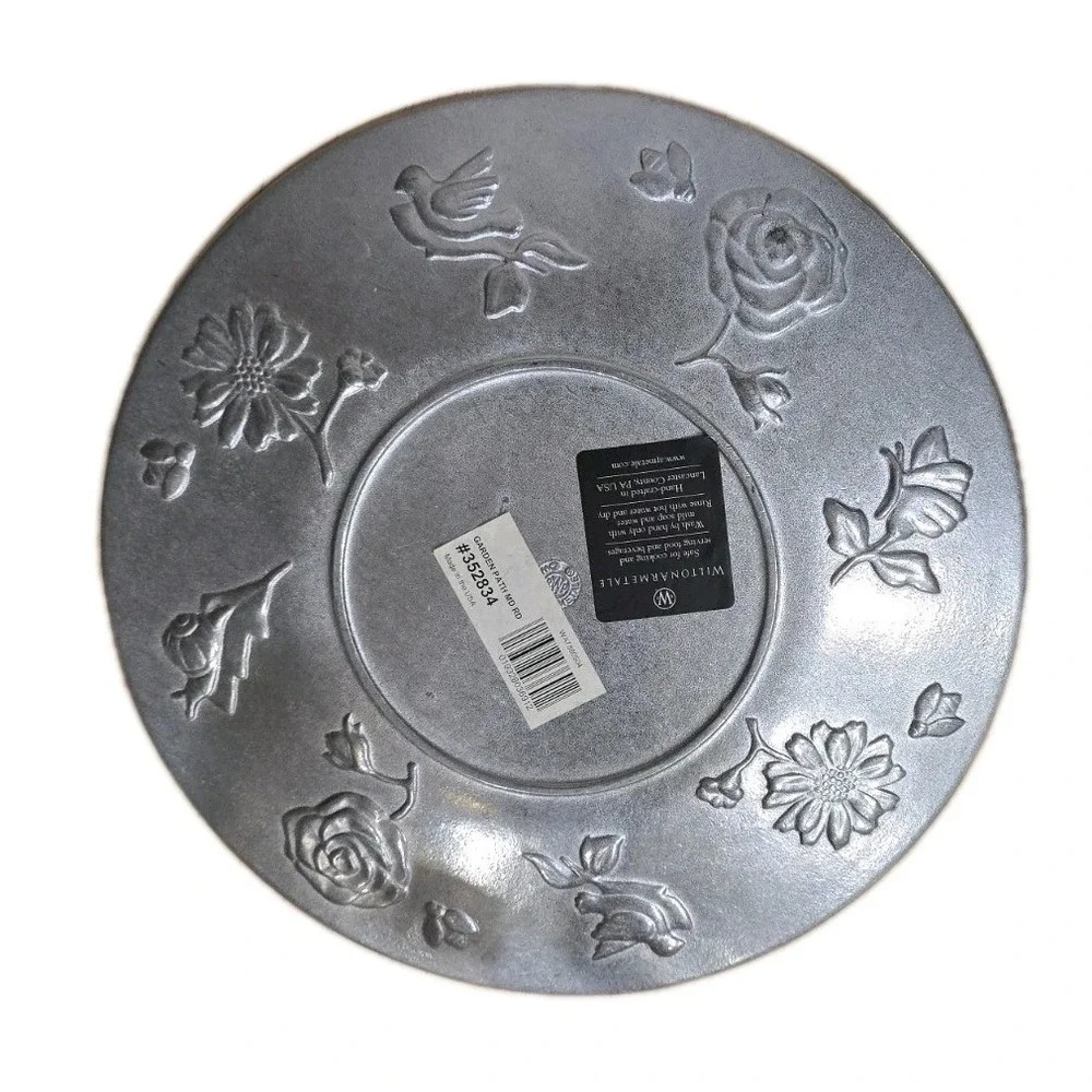 VTG 90s Wilton Armetale Garden Path Charger Plate Floral Bird Embossed Metal USA